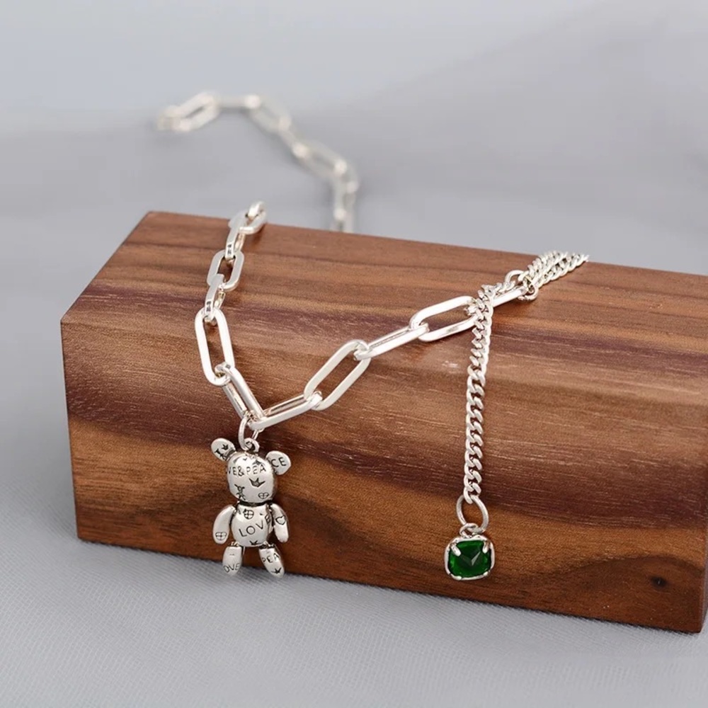 New - Anthropologie Patina Silver Cute Bear Love Peace Heart Necklace - Picture 6 of 15